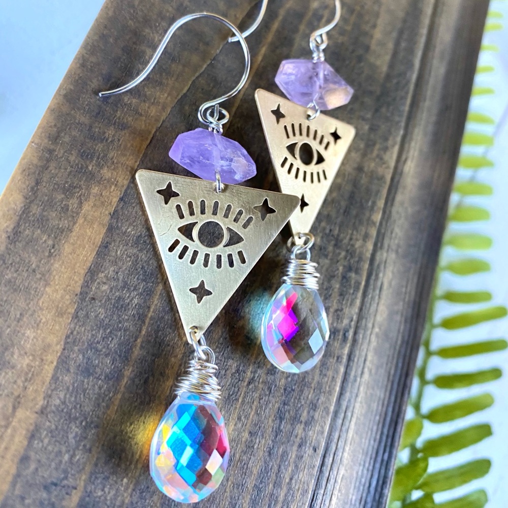 Rainbow Quartz Brass Earrings